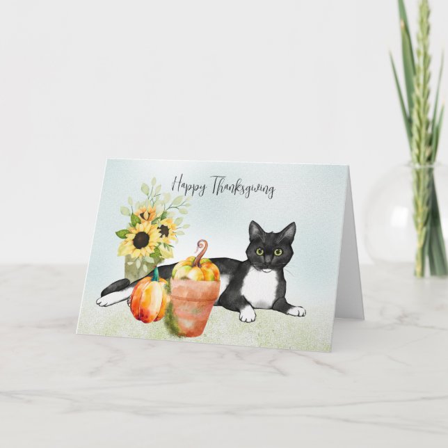 Black Cat with Flowers and Pumpkins Thanksgiving Card (Front)