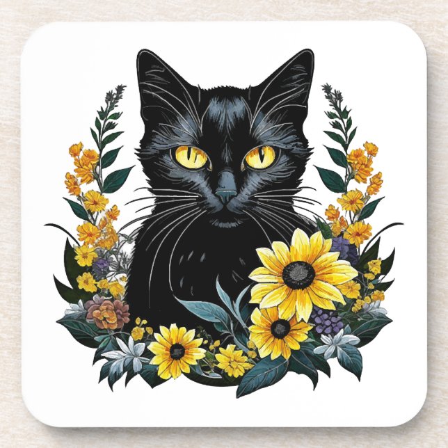 black cat with flowers beverage coaster (Front)