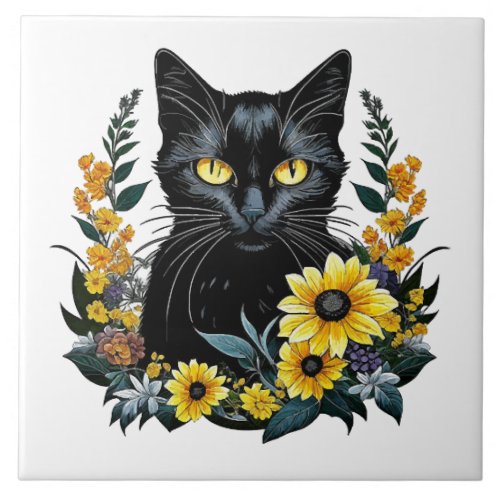 black cat with flowers ceramic tile