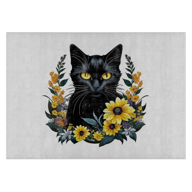 black cat with flowers cutting board (Front)