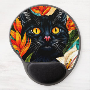 Black Cat With Flowers Gel Mousepad