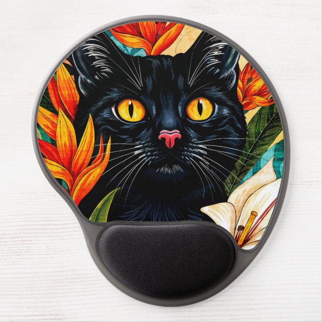 Black Cat With Flowers Gel Mousepad (Front)