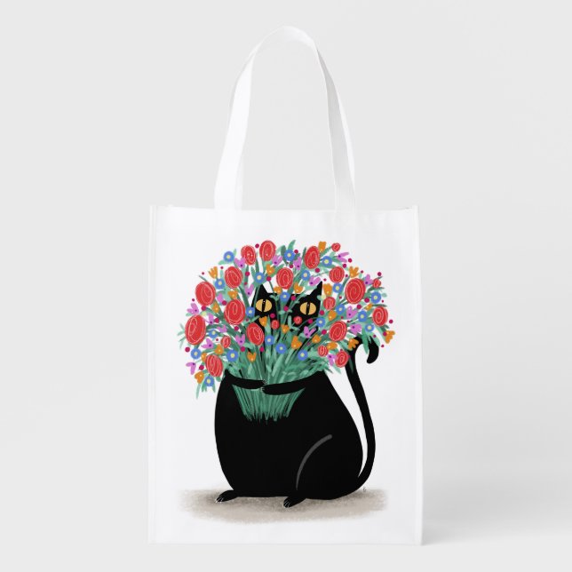 Black Cat with flowers Grocery Bag (Front)