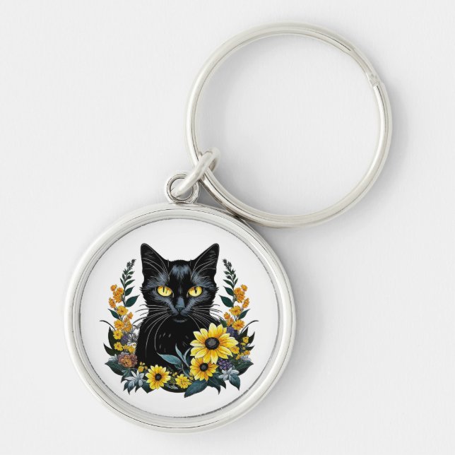 black cat with flowers keychain (Front)
