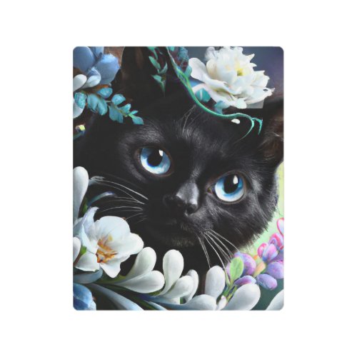Black Cat With Flowers Metal Print
