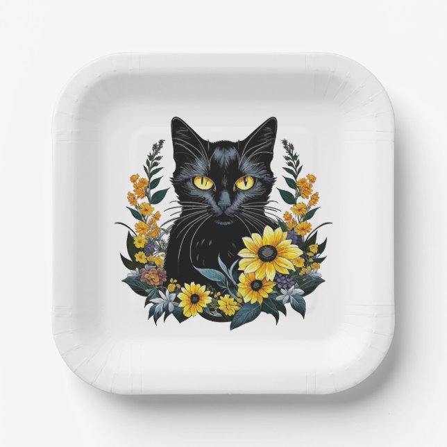 black cat with flowers paper plates (Front)