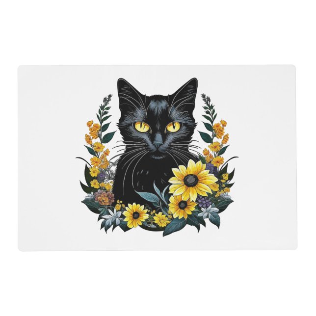 black cat with flowers placemat (Front)