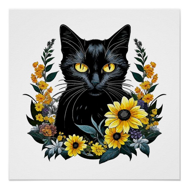 black cat with flowers poster (Front)