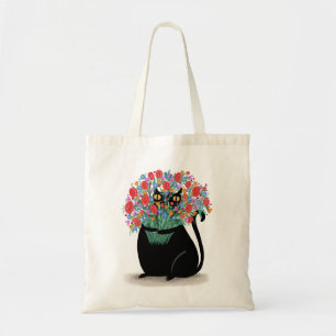 Black Cat with flowers Tote Bag