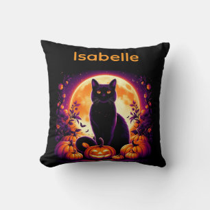 Black Cat with Full Moon Halloween throw pillow