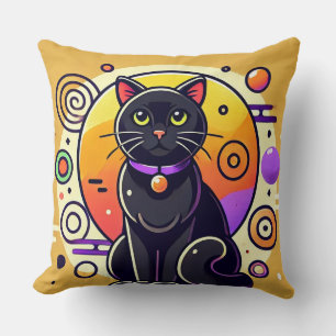 Black Cat With Geometric Patterns Throw Pillow