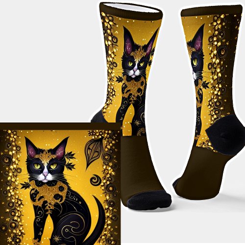 Black Cat with Gold Collar on Golden Brown  Socks