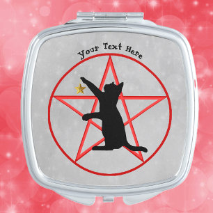 Black Cat With Gold Star on Red Pentagram Circle Compact Mirror