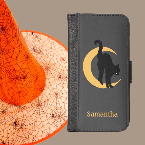 Black Cat with Golden Eyes on a Crescent Moon iPhone X Wallet Case