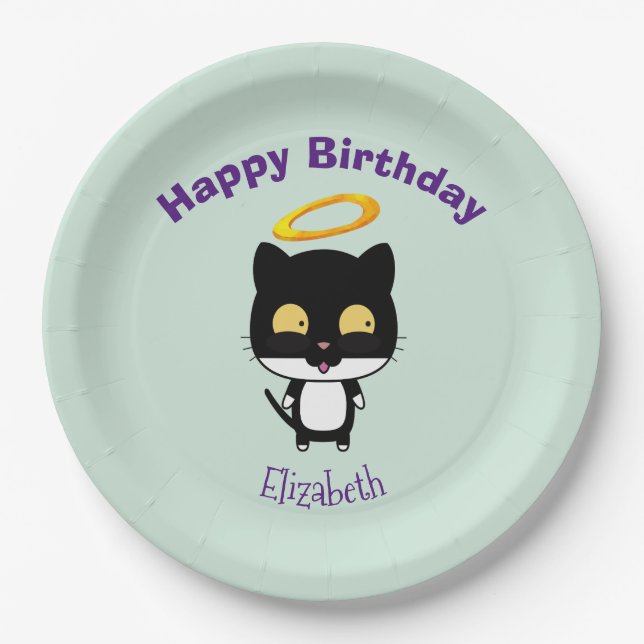 Black Cat With Golden Halo Cute Angel Birthday Paper Plates (Front)