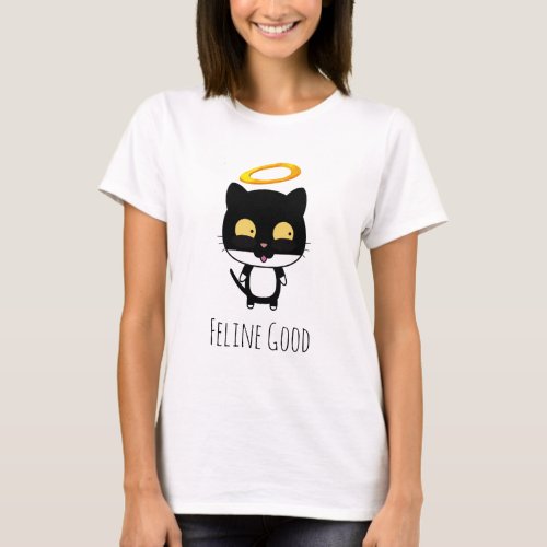 Black Cat With Golden Halo Cute Angel Feline Good T_Shirt