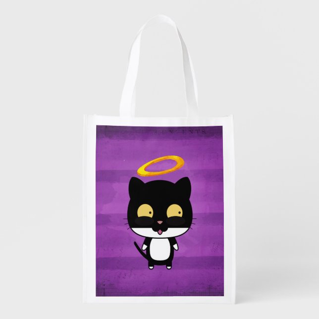 Black Cat With Golden Halo Cute Angel On Purple Grocery Bag (Front)