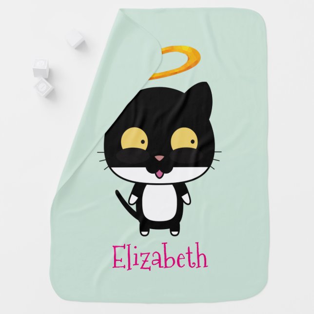 Black Cat With Golden Halo Cute Angel Personalized Baby Blanket (In Situ)