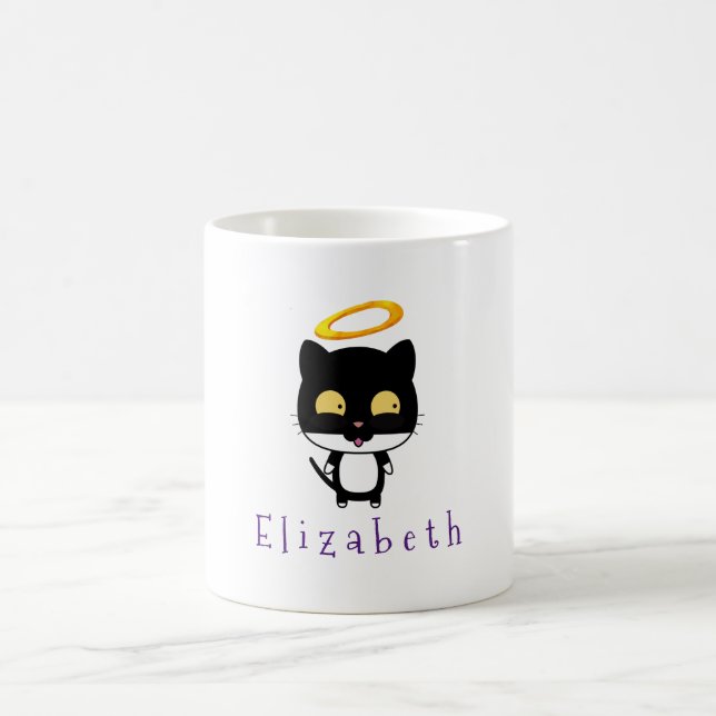 Black Cat With Golden Halo Cute Angel Personalized Coffee Mug (Center)