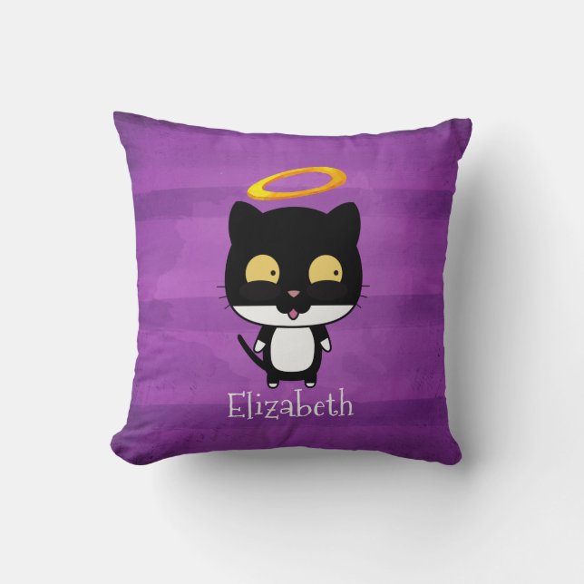 Black Cat With Golden Halo Cute Angel Personalized Throw Pillow (Front)