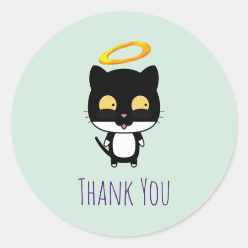 Black Cat With Golden Halo Cute Angel Thank You Classic Round Sticker