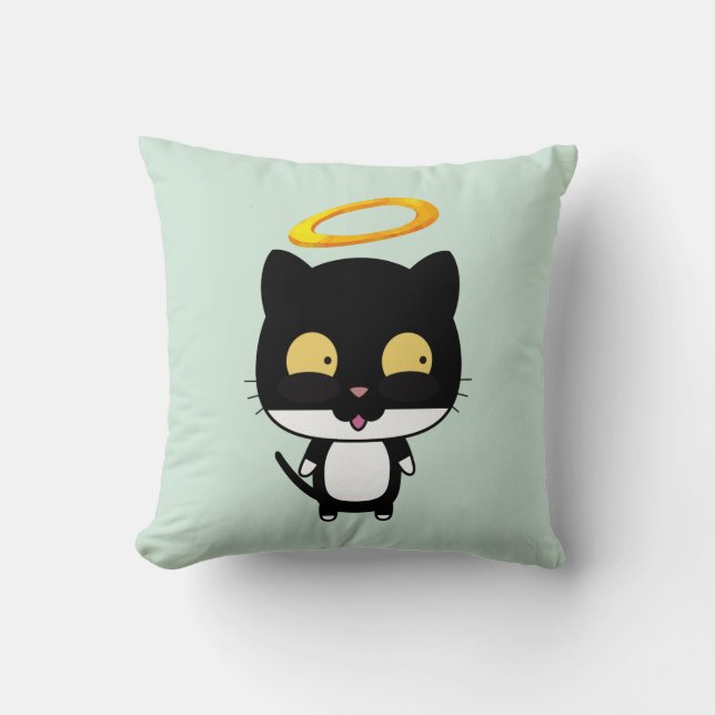 Black Cat With Golden Halo Cute Angel Throw Pillow (Front)