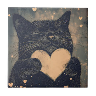 Black Cat with Golden Heart - Cat's Cozy Love Ceramic Tile
