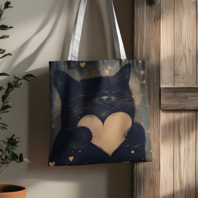 Black Cat with Golden Heart - Cat's Cozy Love Tote Bag (Creator Uploaded)