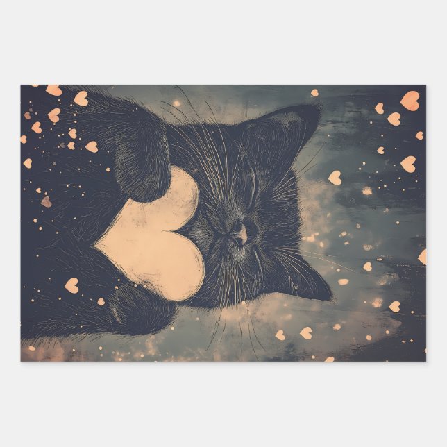 Black Cat with Golden Heart - Cat's Cozy Love Wrapping Paper Sheets (Front)