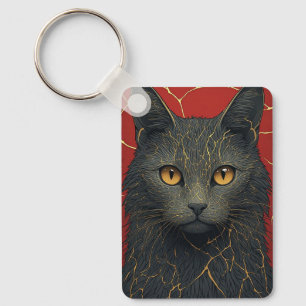 Black Cat With Golden Kintsugi Cracks Accent ✨ Keychain