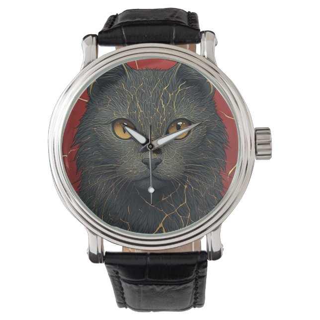 Black Cat With Golden Kintsugi Cracks Accent ✨ Watch (Front)