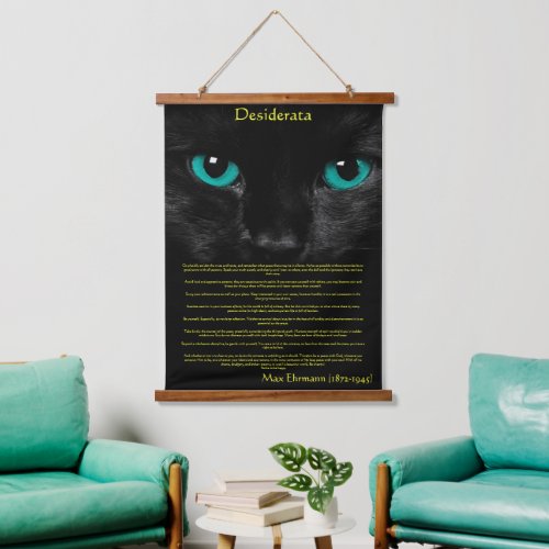 Black cat with green eye looking at you Desiderata Hanging Tapestry
