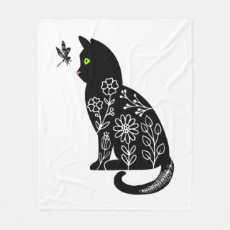 Black cat with green eyes fleece blanket