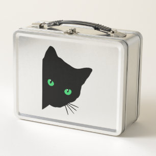 black cat with green eyes metal lunch box
