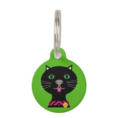 Black cat with green eyes on green background pet ID tag