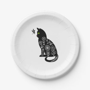 Black cat with green eyes paper plates