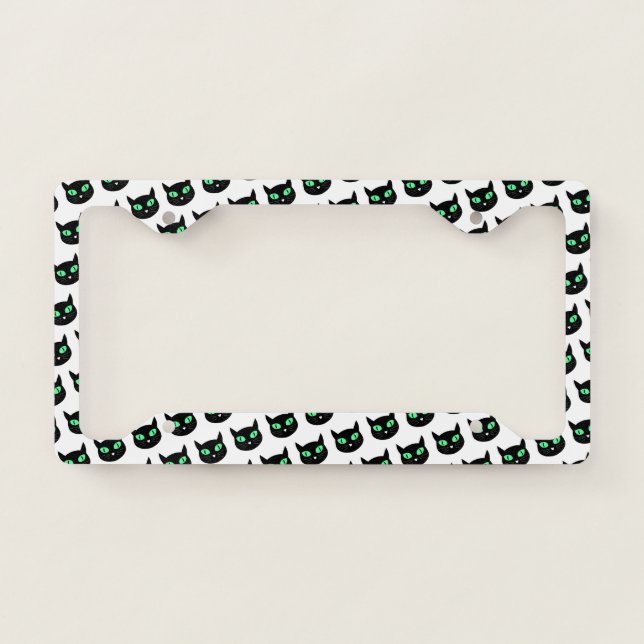 Black cat with green eyes pattern license plate frame (Front)