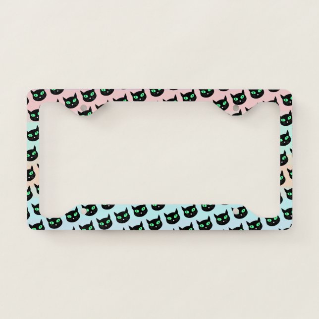 Black cat with green eyes pattern license plate frame (Front)
