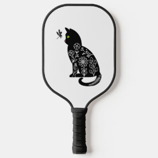 Black cat with green eyes pickleball paddle