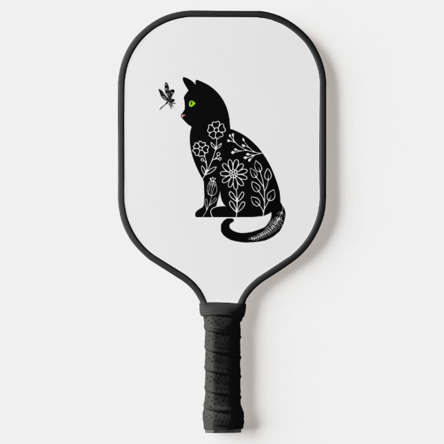Black cat with green eyes pickleball paddle (Front)