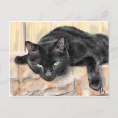 Black cat with green eyes postcard