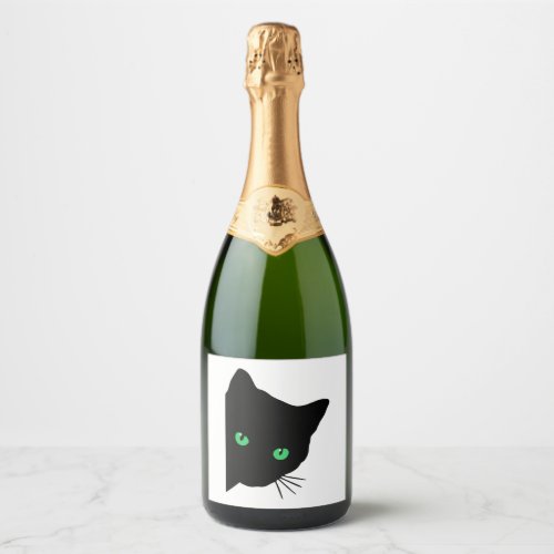 black cat with green eyes   sparkling wine label