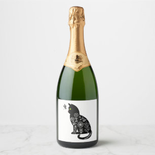 Black cat with green eyes sparkling wine label