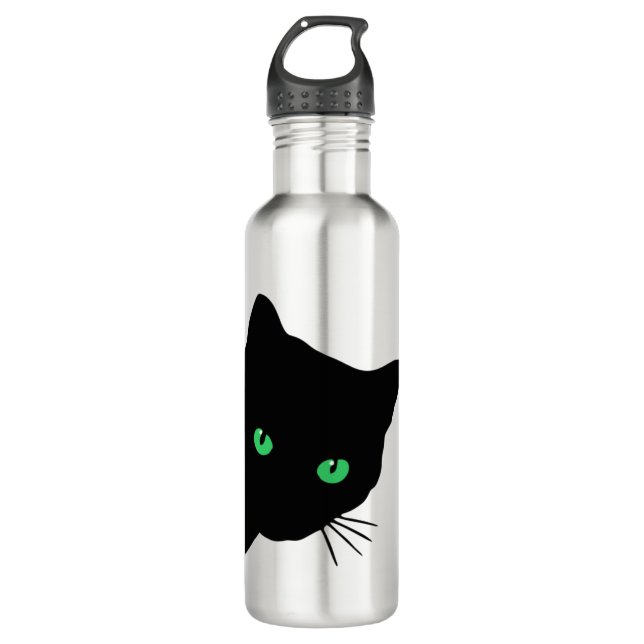 black cat with green eyes   stainless steel water bottle (Front)