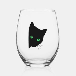 black cat with green eyes stemless wine glass