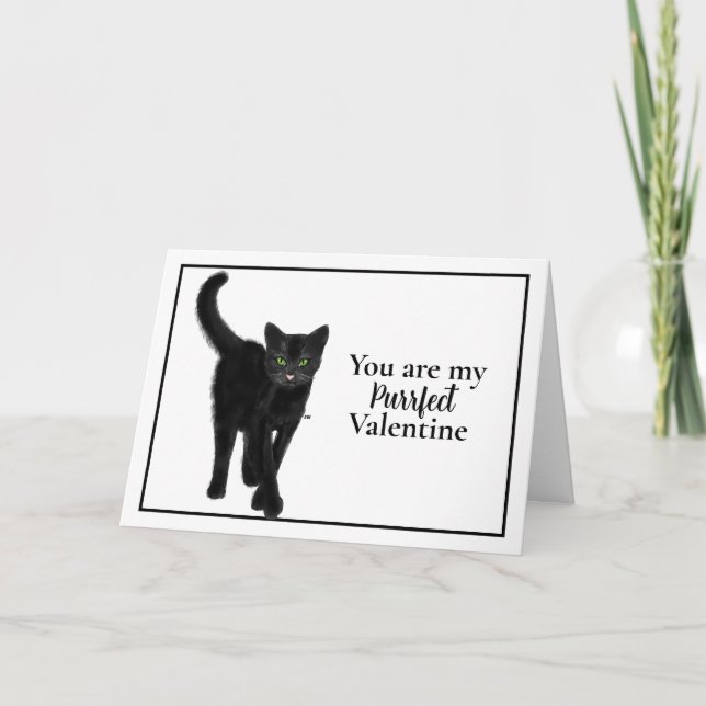 Black Cat with Green Eyes Valentine's Day  Holiday Card (Front)