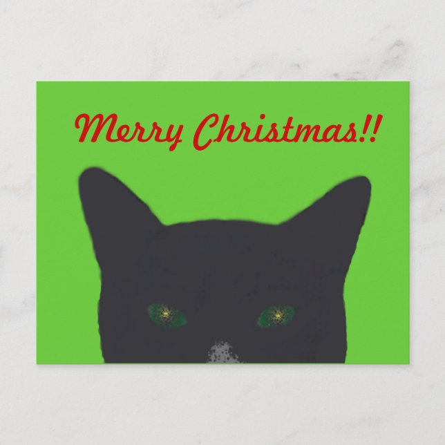 Black cat with green, red  "Merry Christmas" Holiday Postcard (Front)