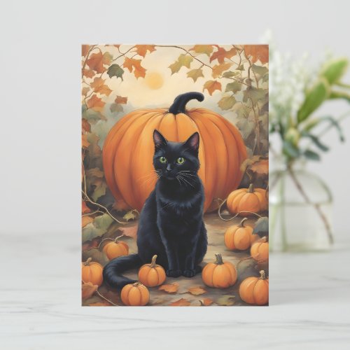 Black Cat with Halloween Pumpkin Invitation