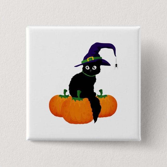 Black Cat With Hat And Pumpkins  for Halloween Button (Front)