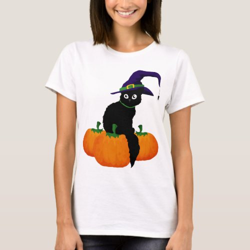 Black Cat With Hat And Pumpkins  for Halloween T_Shirt